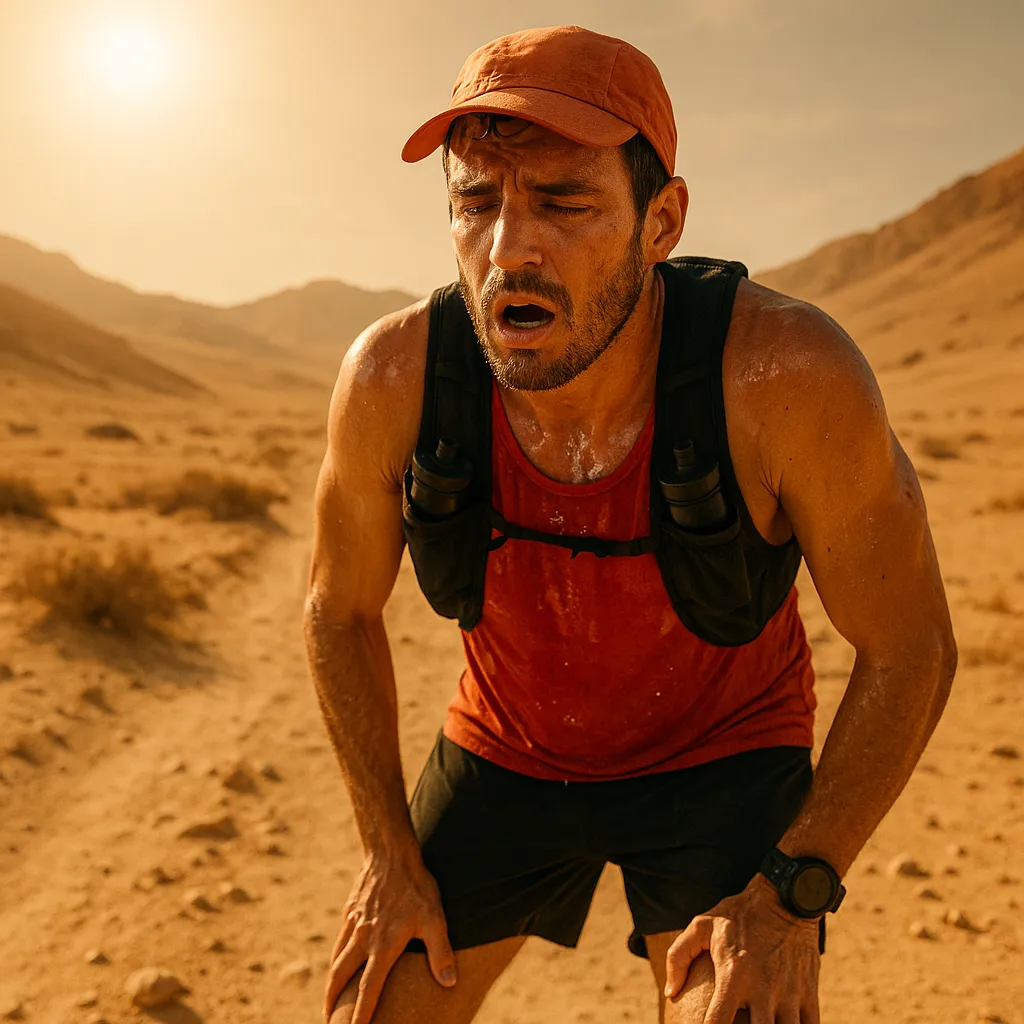 Trail runner che sta allenandosi in un deserto e ne soffre parecchio